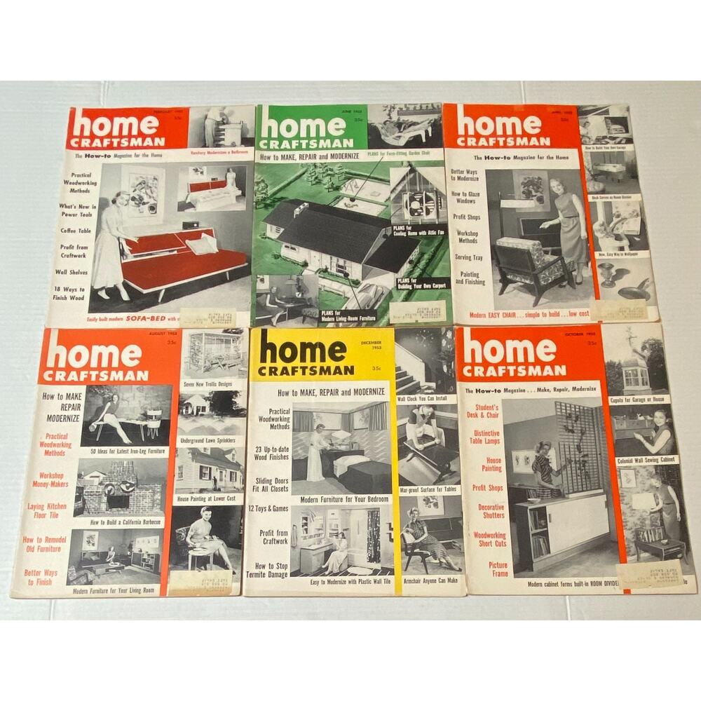Vintage Lot of 6 The Home Craftsman 1953 Magazine Woodworking Crafts DIY 64B